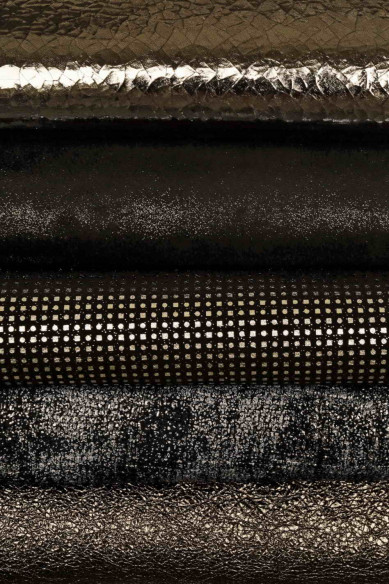 Lotto di 10 PELLI casuali nero grigio acciaio qualità top, occasione assortimento pellami pezzi unici laminati e stampati