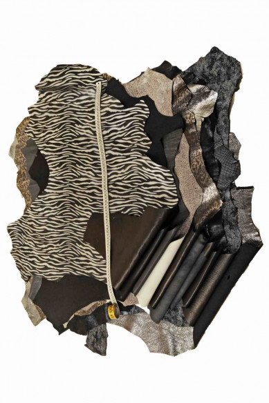 Lotto di 10 PELLI casuali nero grigio acciaio qualità top, occasione assortimento pellami pezzi unici laminati e stampati