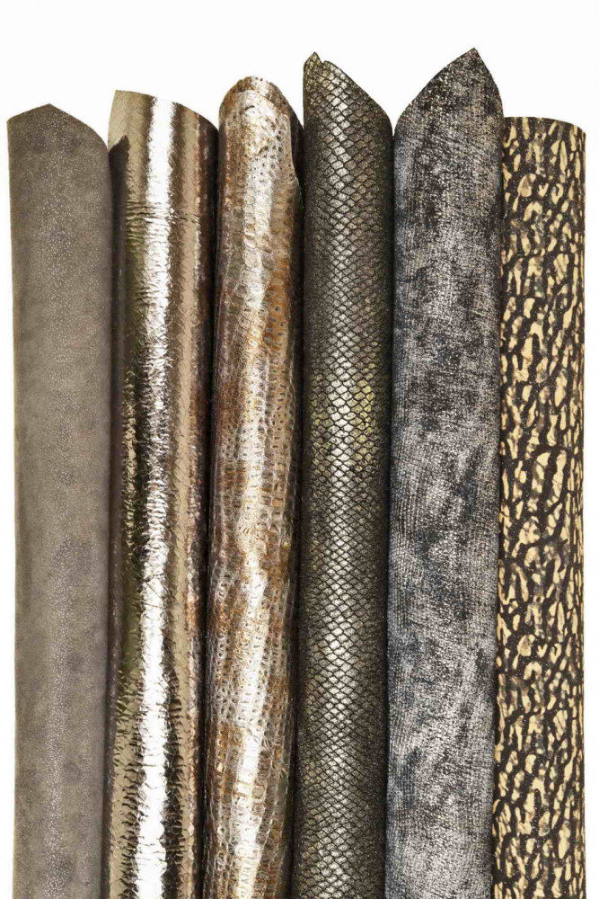 BOUNDLE of steelmetal grey green matching skins, set of 6 metallic printed soft goatskins as per picture