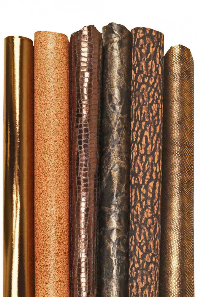 Assortment of BRONZE, brown, brick red goatskins, set of 6 metallic printed soft matching skins, as per picture