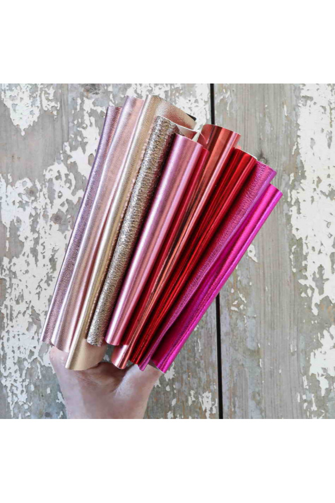 RED PINK metallic leather scraps, smooth,SOLID tone, grain, thicknesses, softness various, random assortment  0,7 lbs / 300 gr