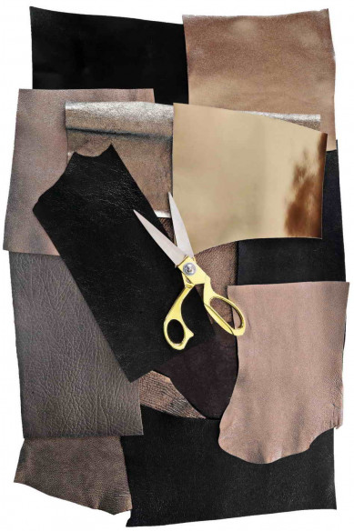 Ritagli di pelle Acciaio Fucile Nero Grigio laminata, selezione casuale metallizzati tinta unita LISCI, grane varie  300 gr