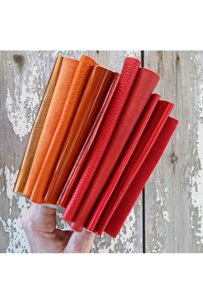 RED ORANGE leather scraps, metallic and not, smooth, SOLID tones, grains and softness various, random assortment  0,7 lbs/300 gr