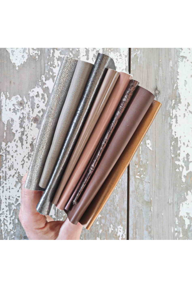 TAUPE BROWN and GREY leather scraps,...