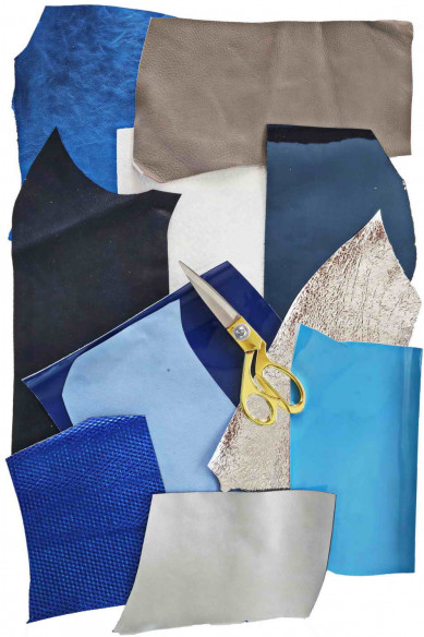 Ritagli di pelle BLU GRIGIO e BIANCO, selezione casuale, scampoli laminati e non, tinta unita, lisci, grane varie  300 gr