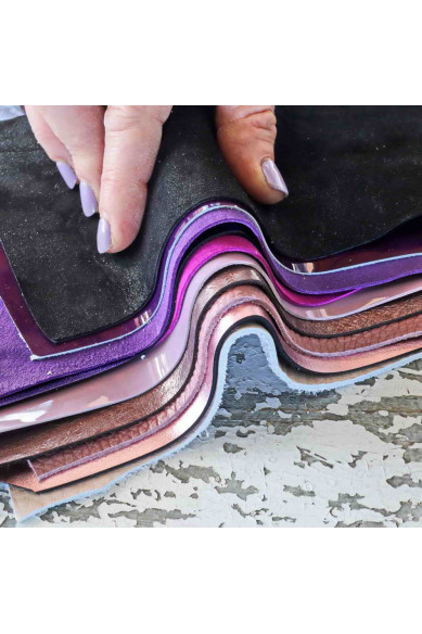 PINK and PURPLE leather scraps, metallic and not, smooth, solid tones, random assortment, grains various  0,7 lbs / 300 gr
