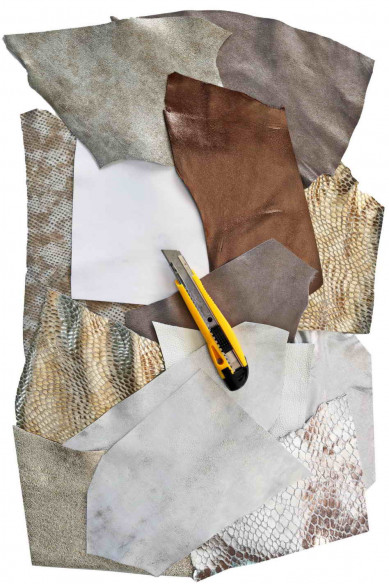 Ritagli di pelle PLATINO BIANCO FUCILE selezione casuale, scampoli laminati e non, tinta unita, lisci, grane varie  300 gr