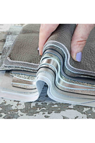 Leather scraps Silver, Light Grey, White metallic and NOT, smooth, solid tones, grains various, random assortment 0,7 lbs/300gr