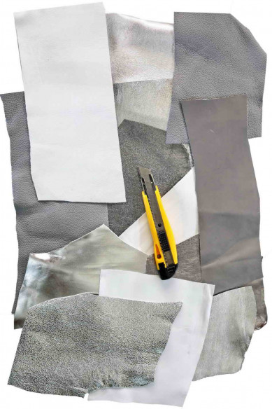 Leather scraps Silver, Light Grey, White metallic and NOT, smooth, solid tones, grains various, random assortment 0,7 lbs/300gr