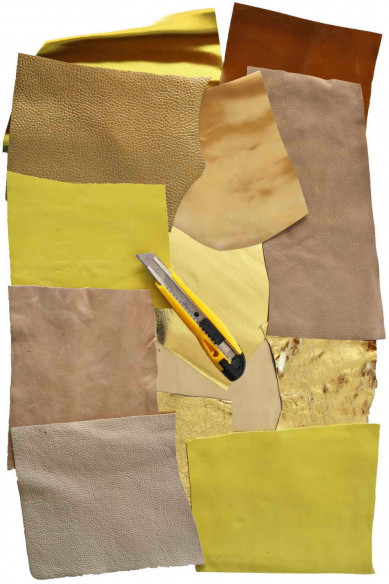 Ritagli di pelle Oro, Giallo e Beige, scampoli laminati e NON, tinta unita, lisci, con grana, spessori e morbidezze varie 300 gr
