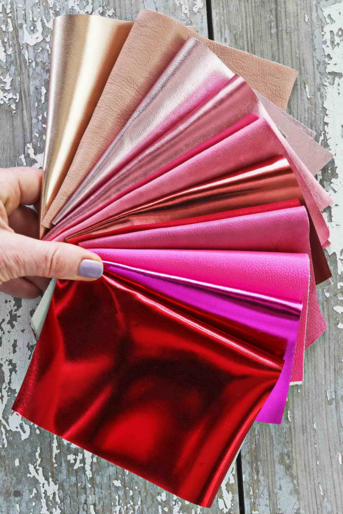 Leather scraps Red, Pink metallic and NOT, smooth, solid tones, grains and softnesses various, random assortment 0,7 lbs /300 gr