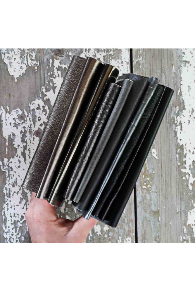 Leather scraps Grey, Black and Steel, metallic and NOT, smooth, solid tones, grains various, random assortment 0,7 lbs / 300 gr