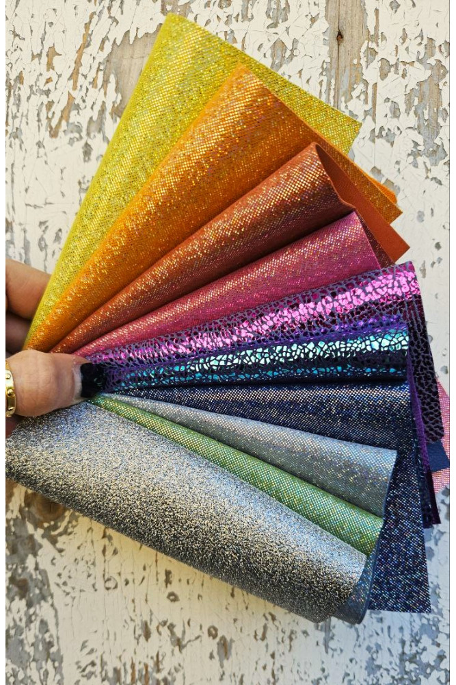 10 Selected leather scraps, MULTICOLOR tones, mix colorful and printed selection ,leather remnants as per pictures