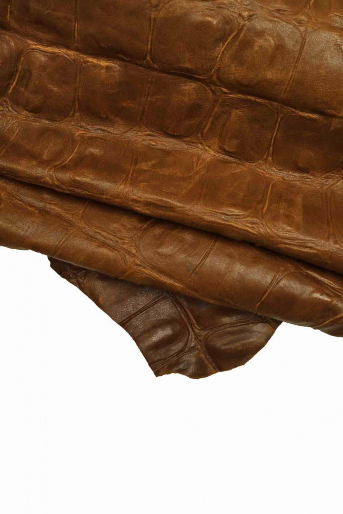 BROWN crocodile embossed leather skin, maxi croc print on sporty goatskin semi glossy soft hide