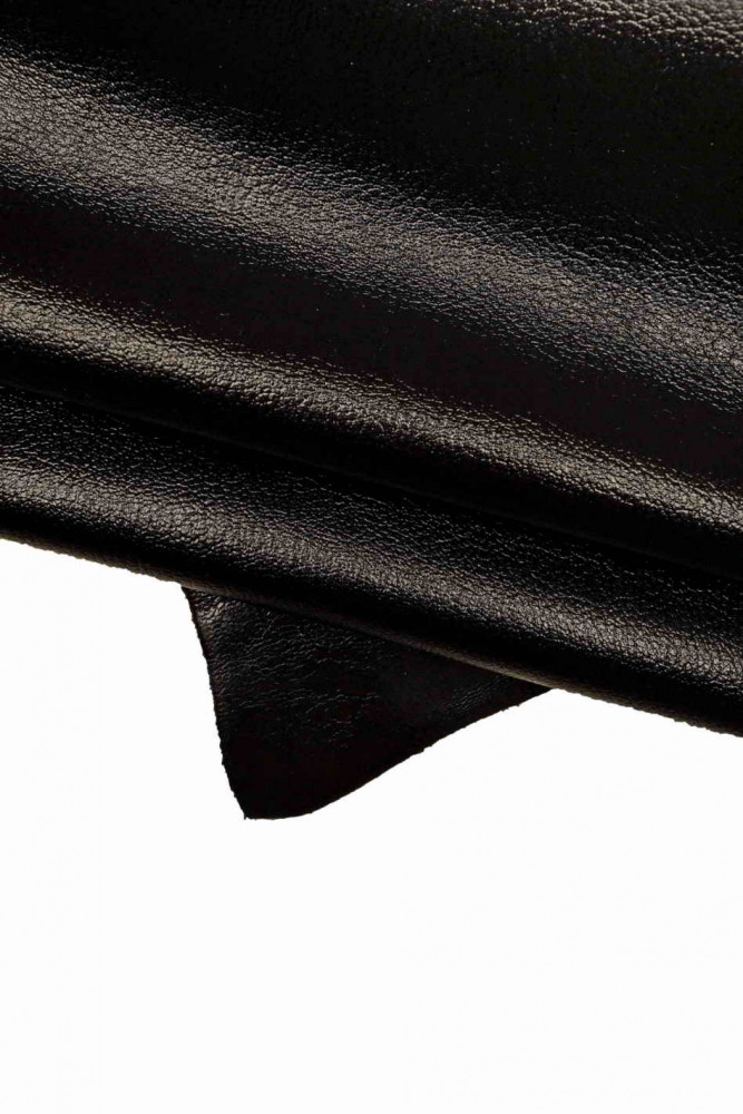 Black GLOSSY leather skin, pebble grain printed patent effect goatskin, soft hide 1.2 - 1.3 mm