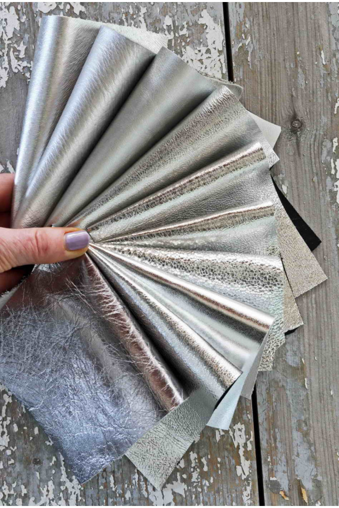 10 Leather scraps SILVER metallic, smooth,SOLID tone, grain, thicknesses and softness various, random assortment