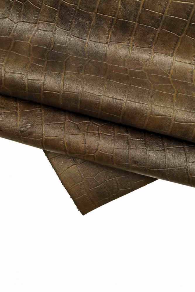 BROWN crocodile embossed leather hide, vintage sporty croc printed cowhide semi-glossy calfskin with light shades