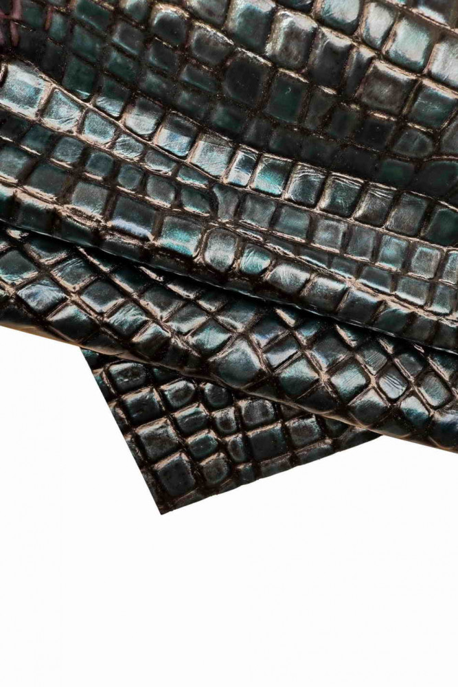 BLUE crocodile embossed cowhide, glossy pearlized leather hide, croc printed calfskin, medium softness