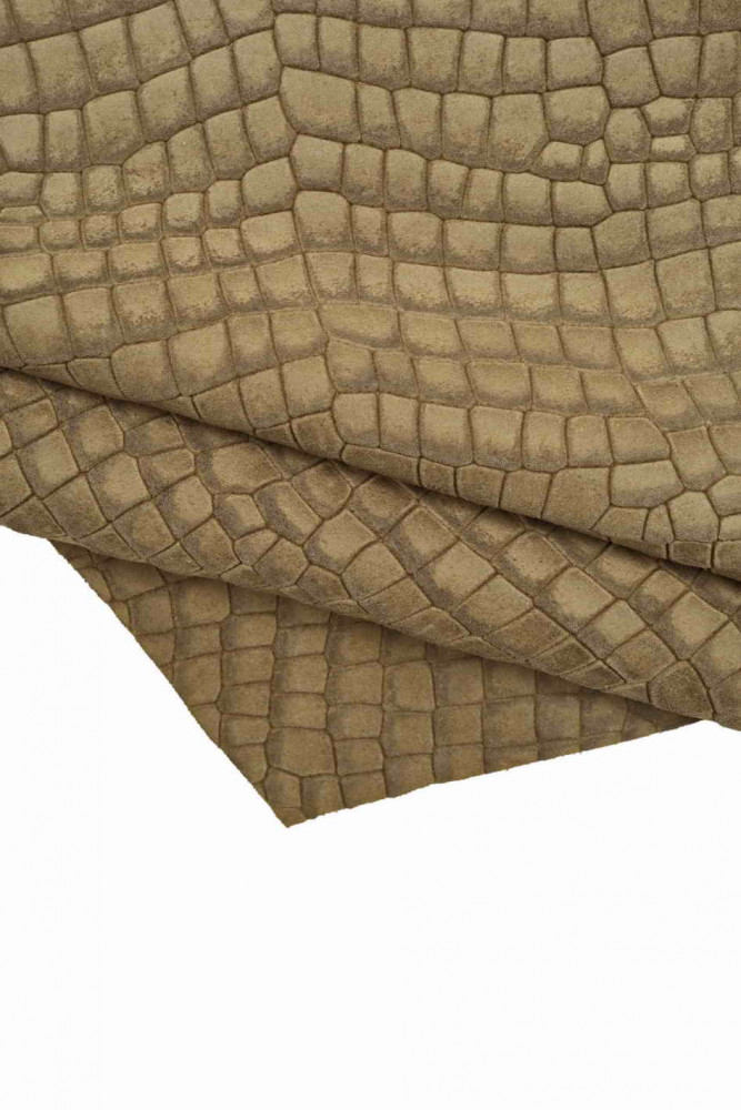 Greyish brown CROCODILE embossed cowhide, suede leather hide with shades, croc printed nubuck calfskin