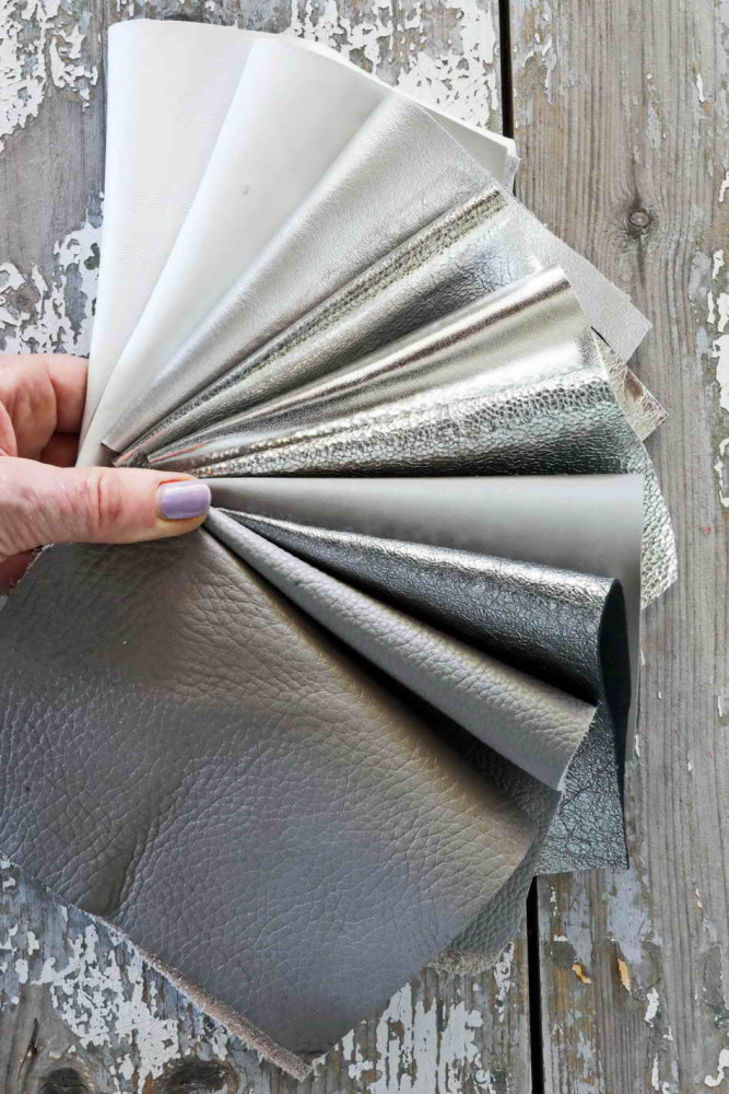 10 Leather scraps Silver, Light Grey and White metallic and NOT, smooth, solid tones, grains various, random assortment