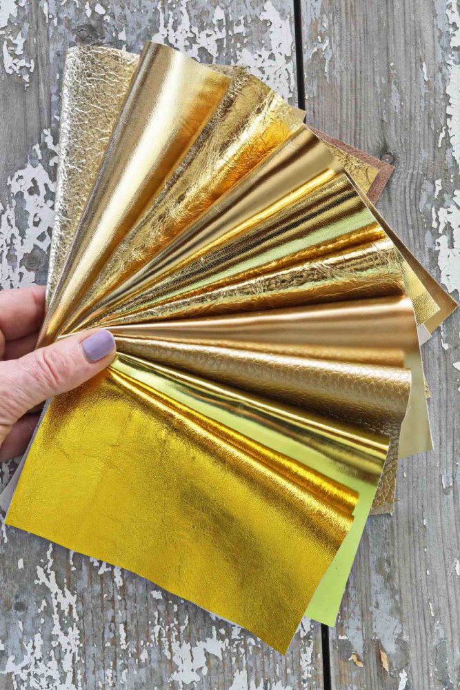 10 Leather scraps GOLD metallic, smooth,SOLID tone, grain, thicknesses and softness various, random assortment