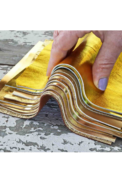 10 Leather scraps GOLD metallic, smooth,SOLID tone, grain, thicknesses and softness various, random assortment