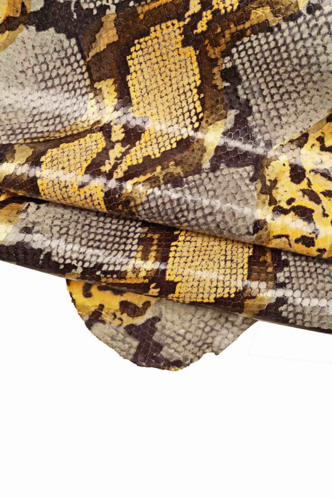 SNAKE textured leather hide, grey yellow glossy reptile pattern on cowhide, python printed soft calfskin