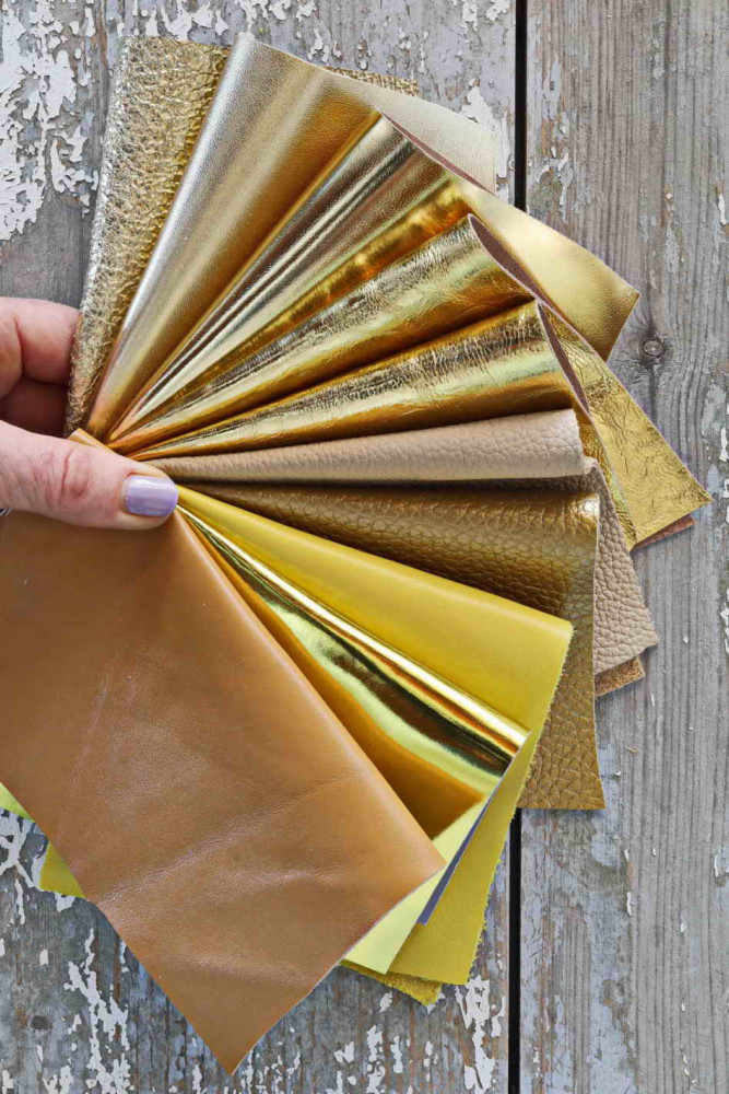 10 Leather scraps Gold, Yellow and Beige metallic and NOT, smooth, solid tones, grains various, random assortment