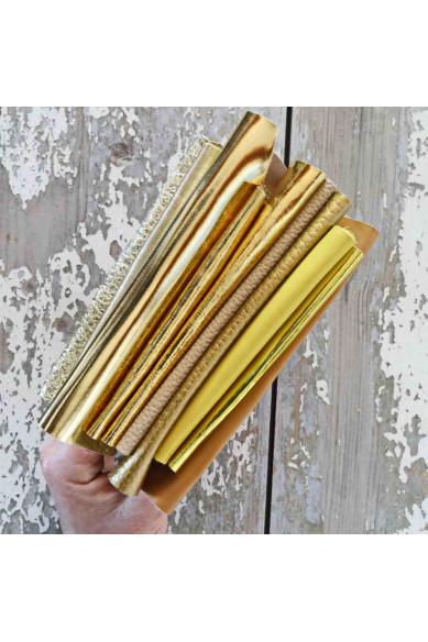 10 Ritagli di pelle Oro, Giallo e Beige, scampoli laminati e NON, tinta unita, lisci, con grana, spessori e morbidezze varie