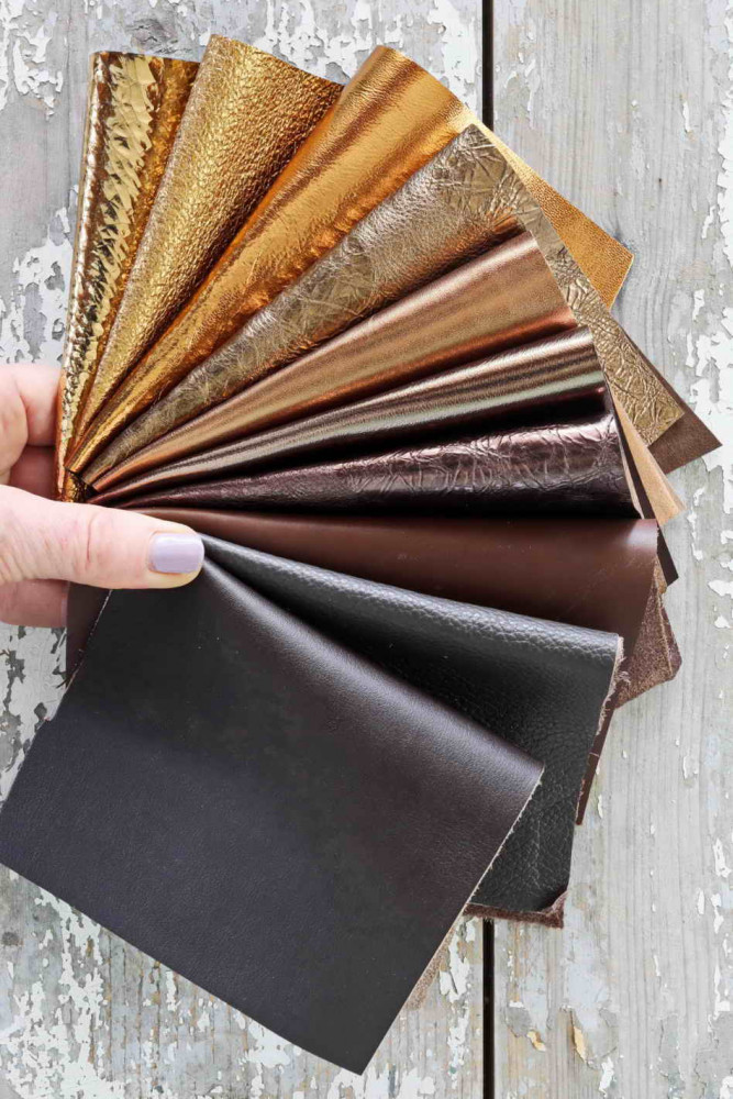 10 Leather scraps Bronze, Brown and Dark Brown metallic and NOT, smooth, solid tones, grains various, random assortment