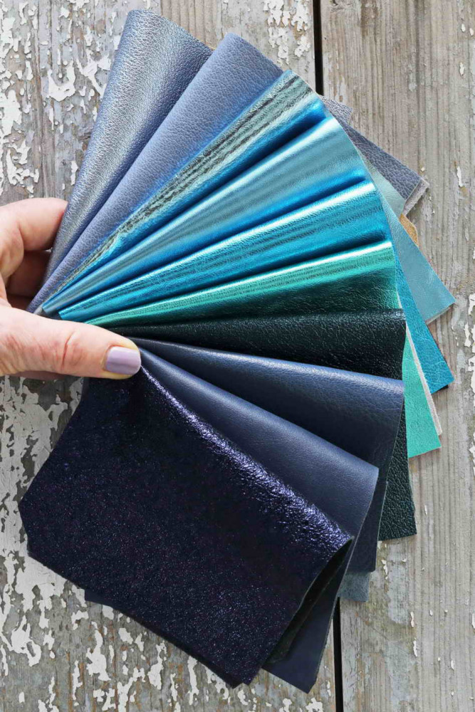 10 Leather scraps Blue, Sky Blue and Turchoise metallic and NOT, smooth, solid tones, grains various, random assortment