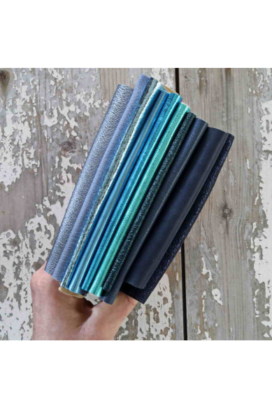 10 Leather scraps Blue, Sky Blue and Turchoise metallic and NOT, smooth, solid tones, grains various, random assortment