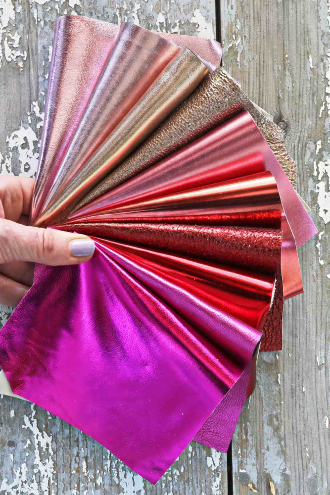 10 RED PINK metallic leather scraps, smooth,SOLID tone, grain, thicknesses, softness various, random assortment