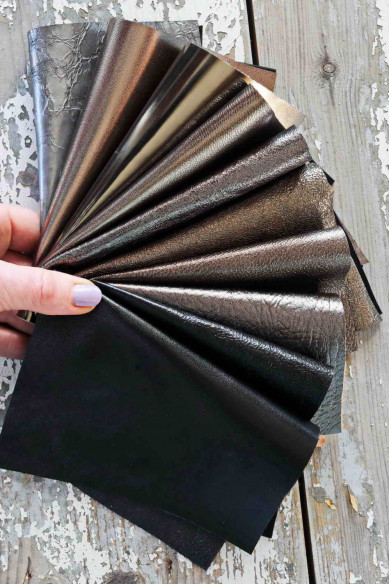 10 Ritagli di pelle Acciaio Fucile Nero Grigio laminata, selezione casuale metallizzati tinta unita LISCI, grana e spessori vari