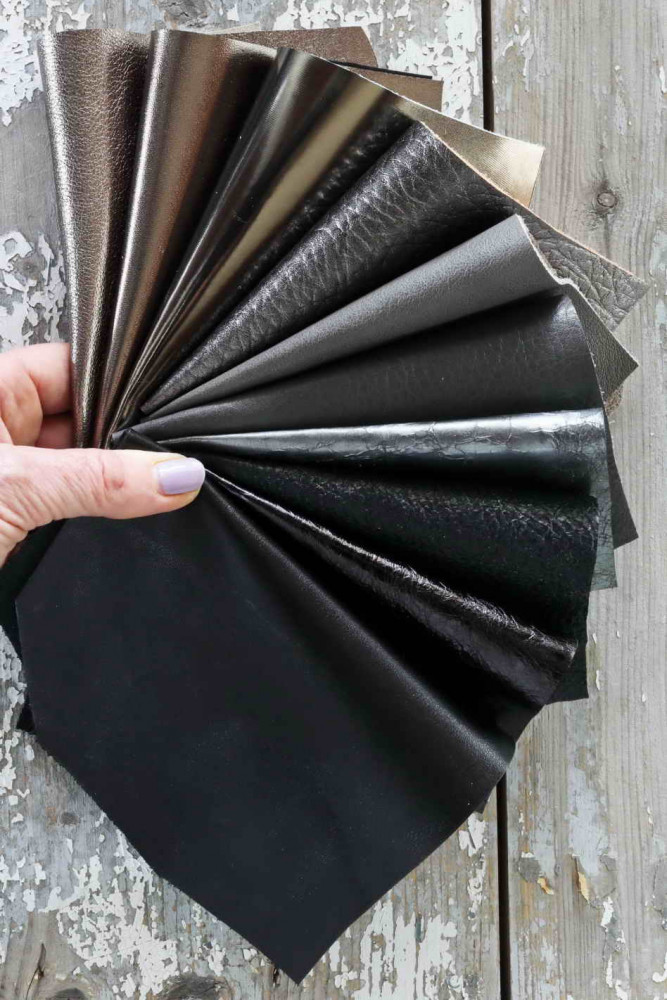 10 Leather scraps Grey, Black and Steel, metallic and NOT, smooth, solid tones, grains various, random assortment