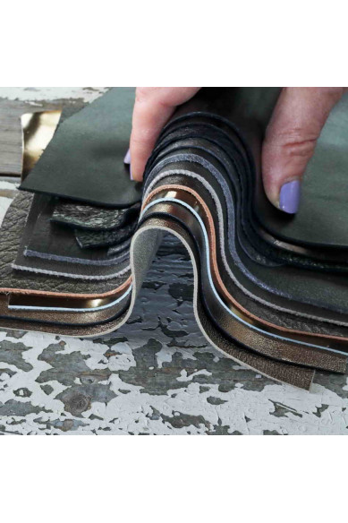 10 Leather scraps Grey, Black and Steel, metallic and NOT, smooth, solid tones, grains various, random assortment