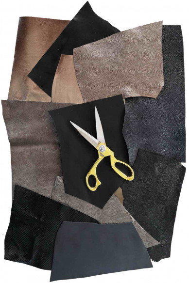 10 Ritagli di pelle Grigio, Nero, Acciaio e Fucile, scampoli laminati e NON, tinta unita, lisci, con grana e spessori vari