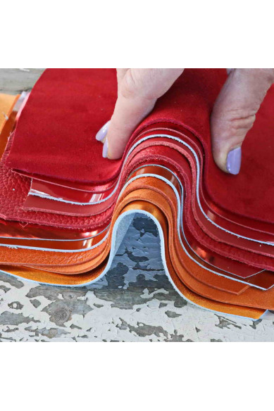 10 RED ORANGE leather scraps, metallic and not, smooth, SOLID tones, grains and softness various, random assortment