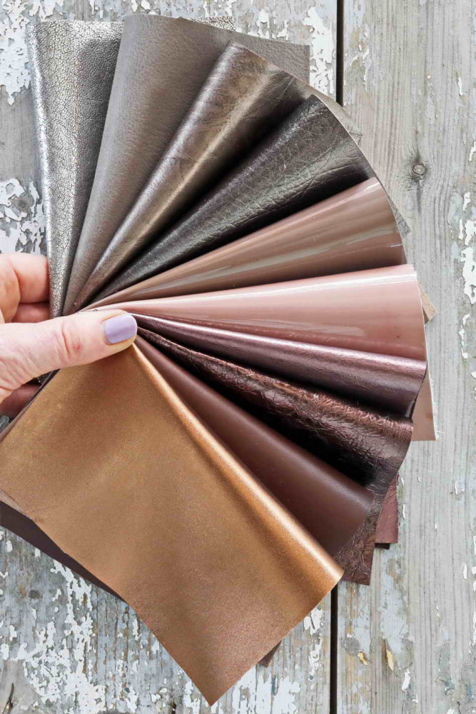 10 TAUPE BROWN and GREY leather scraps, metallic and not, smooth, solid tones, random assortment, grains various