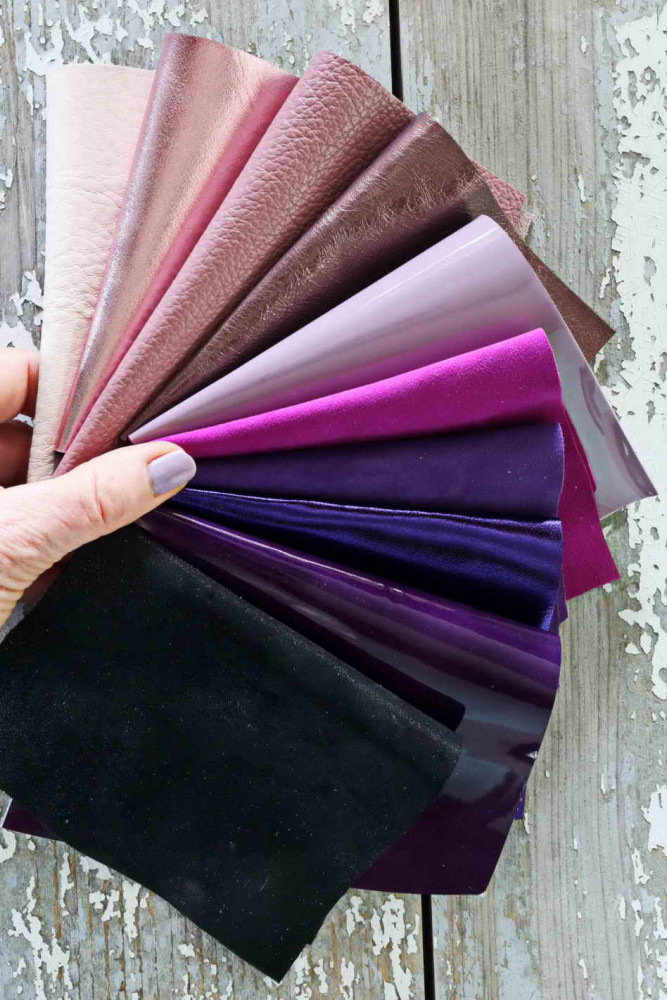 10 PINK and PURPLE leather scraps, metallic and not, smooth, solid tones, random assortment, grains various