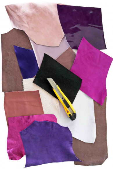 10 Ritagli di pelle ROSA e VIOLA, selezione casuale, scampoli laminati e non, tinta unita, lisci,grana e morbidezze varie