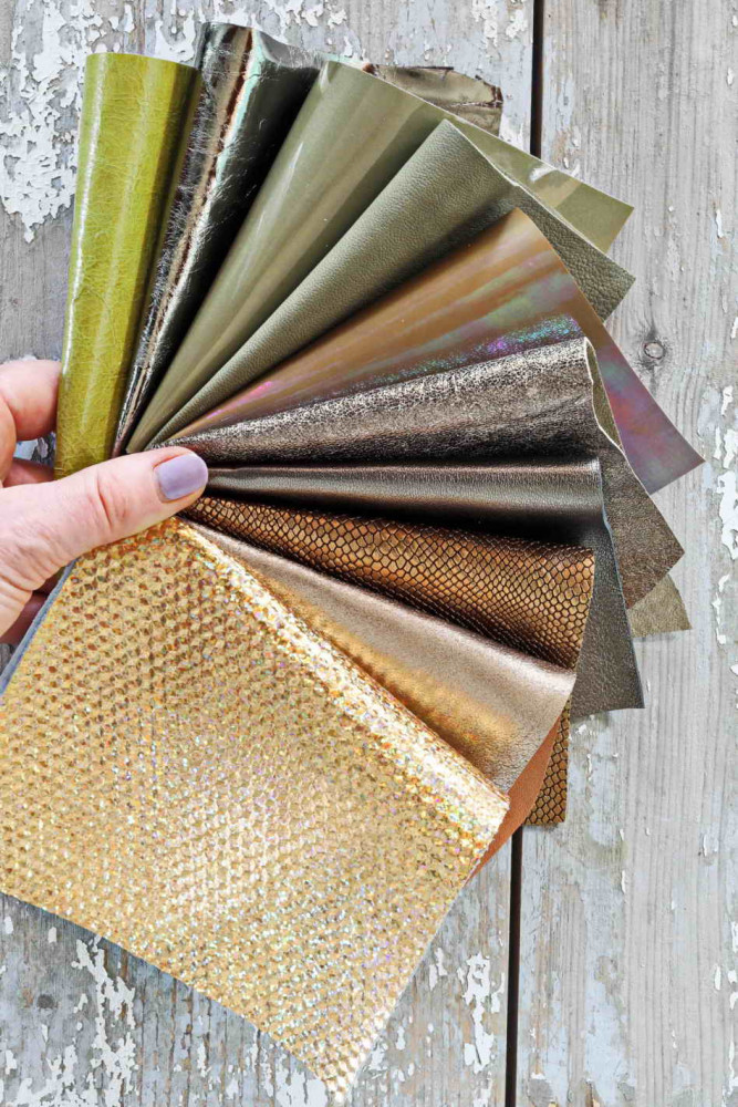 10 GOLD, BRONZE and GREEN leather scraps, metallic and not, smooth, solid tones, random assortment, grains various