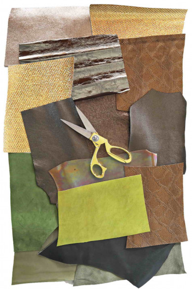 10 GOLD, BRONZE and GREEN leather scraps, metallic and not, smooth, solid tones, random assortment, grains various