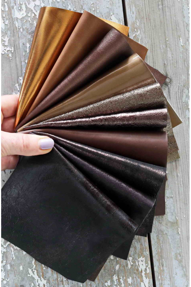 10 BROWN and BRONZE leather scraps, metallic and not, smooth, solid tones, random assortment, grains various