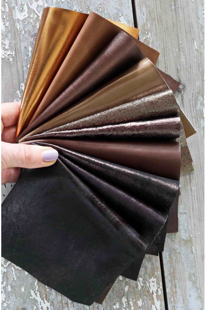 10 BROWN and BRONZE leather scraps,...