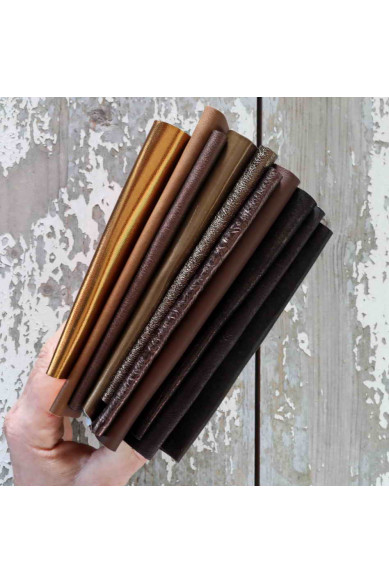 10 BROWN and BRONZE leather scraps, metallic and not, smooth, solid tones, random assortment, grains various