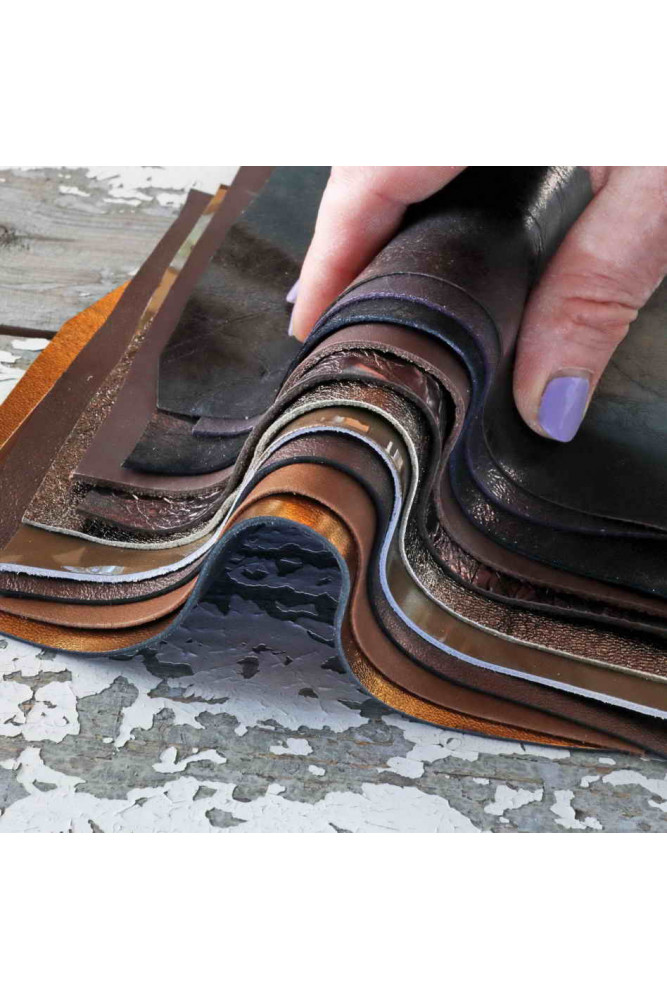10 BROWN and BRONZE leather scraps,...