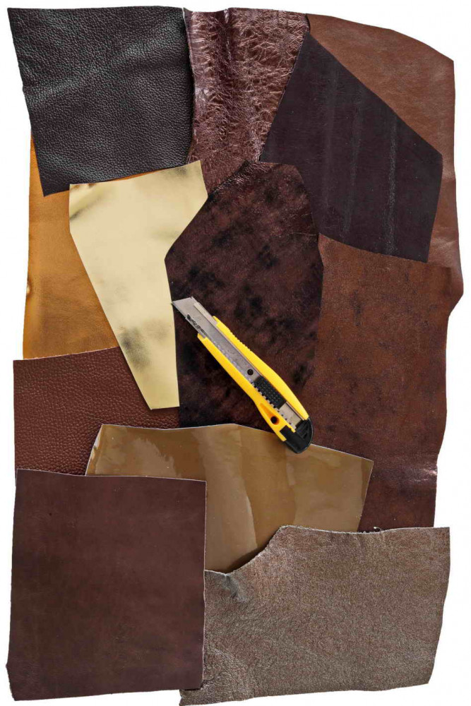 10 BROWN and BRONZE leather scraps,...