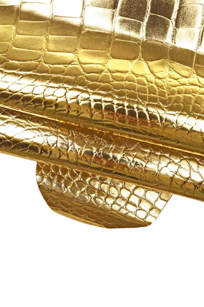 Gold CROCODILE embossed leather hide, golden metallic cowhide, glossy printed calfskin, semi-soft