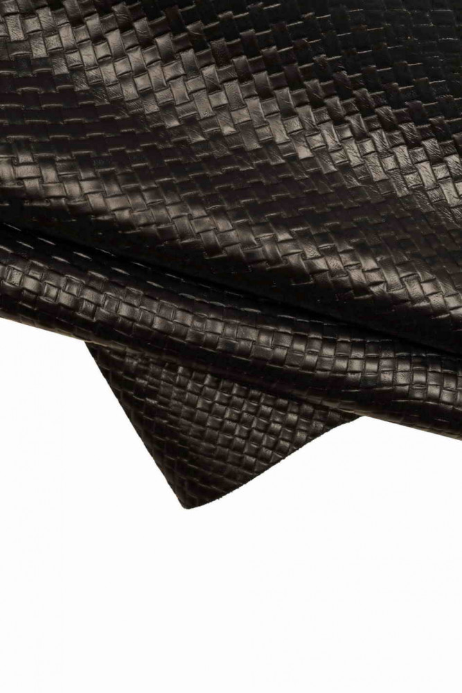 BLACK weave printed cowhide, braided embossed leather hide, quite glossy calfskin, semi-stiff
